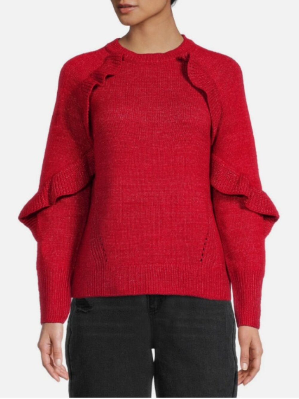 Time and Tru Red Shimmering Ruffle-Knit Pullover Sweater; EUC; Size XL